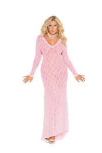 Long Sleeve Lace Night Gown Deep V Neck Rear Train Baby Pink 1949 Plus Size 2X - Picture 1 of 4