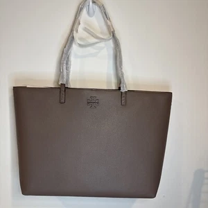 NWT AUTH NEW Tory Burch Women's McGraw Pebbled Leather Tote Bag In Silver Maple - Picture 1 of 5