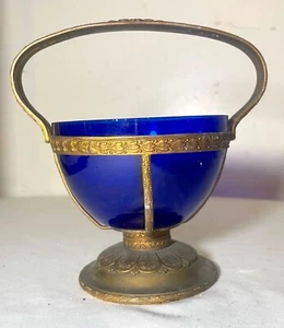 Antique cobalt blue glass filigree ornate bronze candy jar dish bowl with handle - Picture 1 of 14
