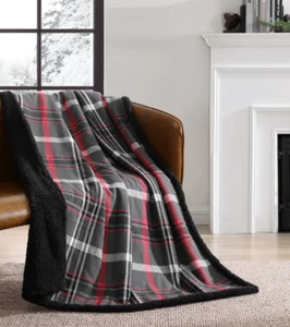 Eddie Bauer Cotton Flannel/Shearling Reverse Throw Blanket - Winslow Grey/Red - Picture 1 of 6