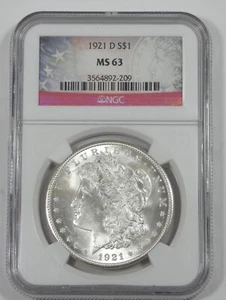 1921-D Morgan Dollar CERTIFIED NGC MS 63 Silver Dollar - Picture 1 of 4