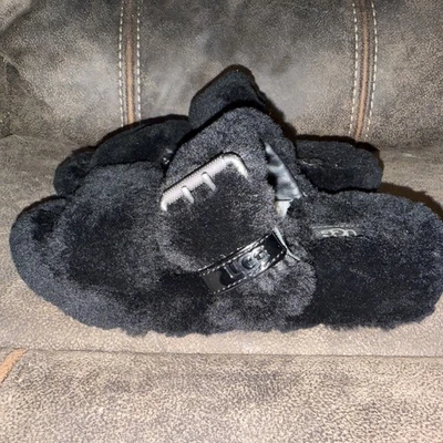 UGG Australia Slippers Womens Black Fuzzy Yeah Slides Sheepskin Slip On Sz 6 - Image 1 of 4