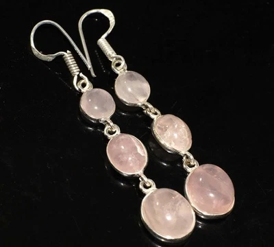 Pendientes grandes de cuarzo rosa enchapados en plata 925 piedras preciosas 2,5" joyería regalo JW Foto 1 de 3