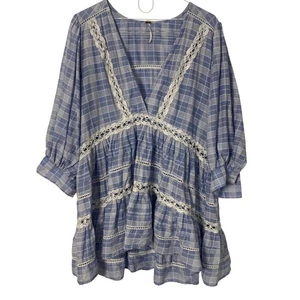 Free People Blue Plaid Tunic Womens Medium Boho Prairie Peasant Plaid Milkmaid - Picture 1 of 8