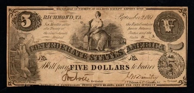 1861 $5 Richmond, VA Confederate States of America VF+ Note! - Image 1 of 2