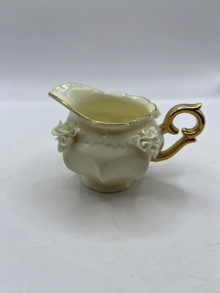 Vintage Cream And Gold Gilded Small Milk Creamer With 3D Applied Roses Floral  - Image 1 of 4