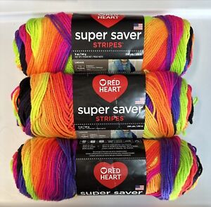 Lot of 3 RED HEART SUPER SAVER in BRIGHT STRIPE STRIPES 5oz/236 Yds