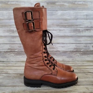 Oliver Lace-Up Side Zip Leather Tall Military Combat Boots EU 36/US 5-5.5 Brown - Picture 1 of 14