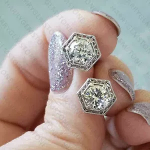 Pendientes traseros redondos europeos antiguos moissanita 14K chapados en oro blanco 14K 1,70 CTW - Imagen 1 de 11