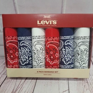 Levi's 6 Pack 100% Cotton Bandana Set Red/Blue/White, New In Box - Picture 1 of 6