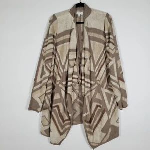 Lucky Brand Open Front Cardigan Sweater Womens Large Tan Brown Draped Aztec - Picture 1 of 12