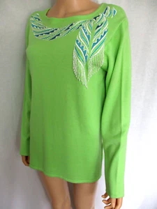 Bob Mackie Wearable Art Sweater Small Lime Green Faux Pearls & Beads - Picture 1 of 10