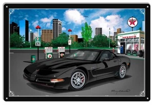 Texaco Corvette Black Car Metal Sign By Rudy Edwards 12" x 18" - Picture 1 of 1