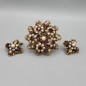 Unsigned Designer Purple Amethyst AB Crystal Faux Pearl Layered Brooch Earrings - Picture 1 of 12