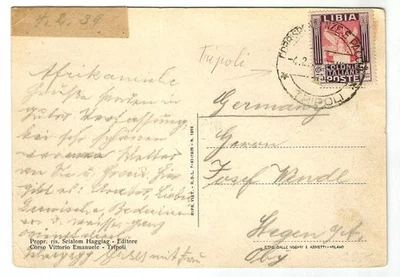 Libia Escasa Postal Usada 1939 de 'Trípoli' con Sello Libia 75c, Tarjeta Fotográfica Foto 1 de 2