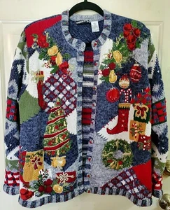 Vntg Fashion Bug Sz 18-20 Santa Hand Knit Christmas Cardigan Ugly Party Grandma - Picture 1 of 10