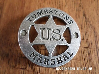 TOMBSTONE NOVELTY BADGE OLD WEST SILVER STAR PIN BACK  2" INCHES - Image 1 of 4