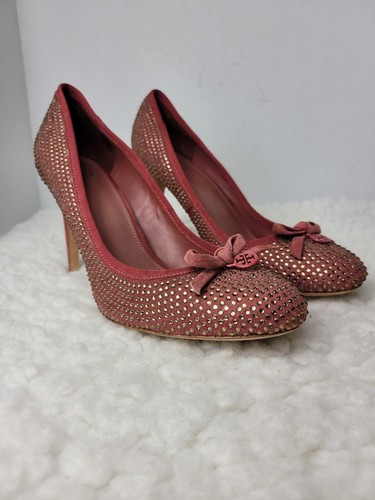 Scarpe décolleté Tory Burch Phoenix Charm logo taglia 10 pavè cristallo conceria cammeo
