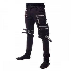 Men Gothic Slim Fit Bondage Metallic Pant Buckle Zipper Black Chain Pant - Picture 1 of 4