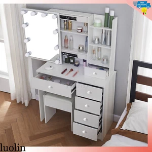 Vanity Table with Stool Set Makeup Dressing Desk 10 LED Lights Sliding Mirror - Picture 1 of 13