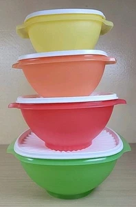 Vintage Tupperware Servalier Bowl SET Green,Red,Orange,Yellow. NOS. NEVER USED - Picture 1 of 18