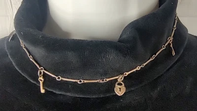 Vintage Choker Charm Necklace Heart Shaped Lock Keys Gold Toned Steampunk Boho - Image 1 of 4