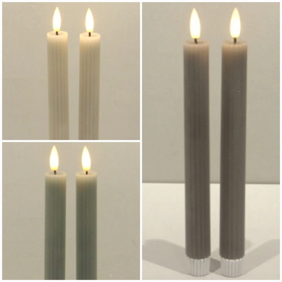 Pair Led Dinner Candles Ribbed Real Wax  Warm White + Batteries Grey Sage Taupe - Image 1 of 1