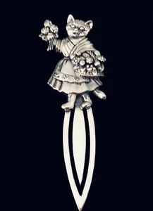 Sterling Silver Victorian style Cat Flower Seller Bouquet Bookmark Letter Opener - Foto 1 di 9