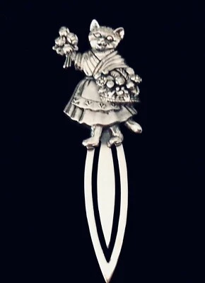 Sterling Silver Victorian style Cat Flower Seller Bouquet Bookmark Letter Opener - Immagine 1 di 4