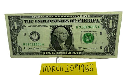 One Dollar Birthday Note March 10th 1966.Fancy  Serial Number   3 10 1966 5. - Image 1 of 4