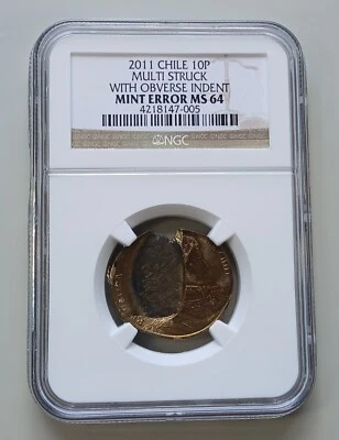 2011 Chile 10 Peso Multi struck with Obverse Indent error coin NGC MS64 - Image 1 of 4