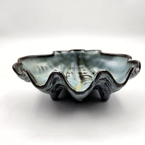 Vintage Frankoma Nautical Clam Shell Footed Dish Pottery T9 Tiki Moss Blue 2.5" - Picture 1 of 10