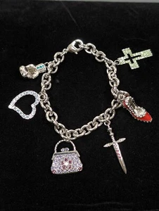 Silver Tone Charm bracelet Green Cross Red Heel Shoe Blue Heart Purple Purse - Picture 1 of 8