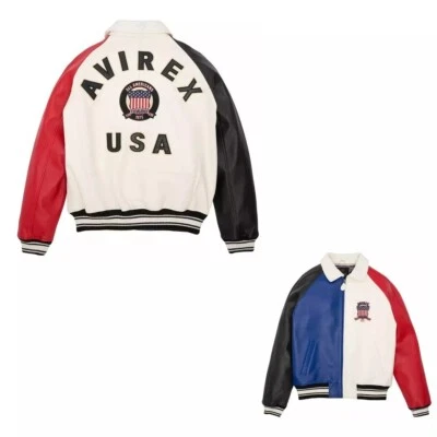 Avirex Inspired Multicolor USA Varsity Leather Jackets – Unisex Streetwear Bombe - Image 1 of 4