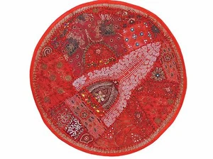 Red Handmade Round Floor Pillow Cover Living Room Accent Big Indian Cushion 26" - Picture 1 of 3