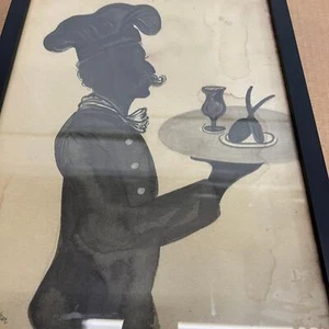 Chef carrying tray, signed and dated at lower left, illegible, silhouette image - Picture 1 of 5