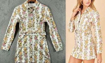Eighteen MUSE Womens Denim Floral Mini Dress Groovy Mod Boho Belted Size Small - Image 1 of 4