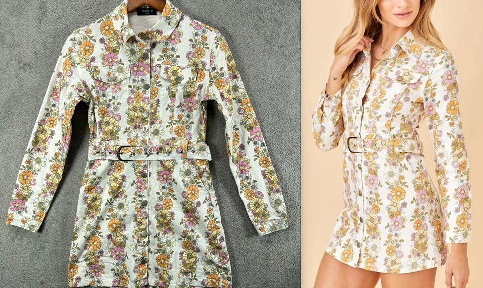 Eighteen MUSE Womens Denim Floral Mini Dress Groovy Mod Boho Belted Size Small - Image 1 of 4