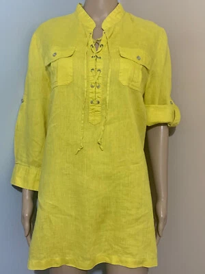 CAMISA TÚNICA CON CORDONES CHARTER CLUB 14 L Amarillo Mostaza Lino 3/4 Roll Tab Slv Foto 1 de 4