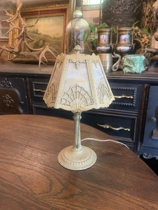 Antique Miller Co Art Nouveau Rare Spider Web 6 Panel Slag Glass Boudoir Lamp VG - Picture 1 of 24