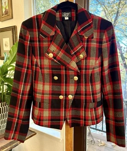 100% WOOL KGR Vtg Red Plaid Classic Blazer Sz 4 Gold Buttons Lined Classic - Picture 1 of 8