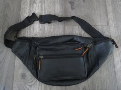 Black Genuine Leather Fanny Pack Large Multi Zipper Waist Hip Bag, NWOT - Image 1 of 4