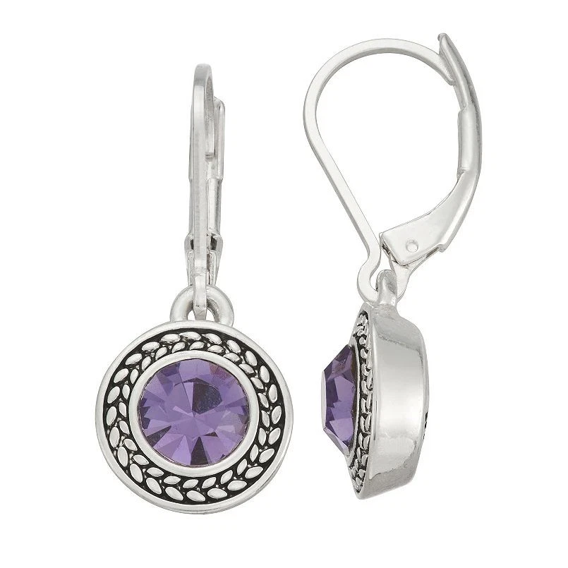 Napier Birthstone Drop Earrings Purple Crystal Silver Tone Pierced Leverback - Image 1 of 1