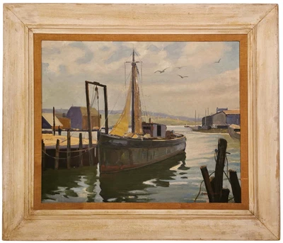 CARL JOHNSON(美国,1931 - 2025 年)SGND VINT ROCKPORT,MA HARBOR SCENE O/C 原始框架 — 第 1/4 张图片
