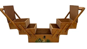 Vintage Hand Painted Mexican Wood Fold Out Expandable Accordion Sewing Box - Picture 1 of 10