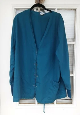 Med Gear Womens Teal Green Uniform Jacket Long Sleeve Scrub Size 2XL Snap Front  - Image 1 of 4