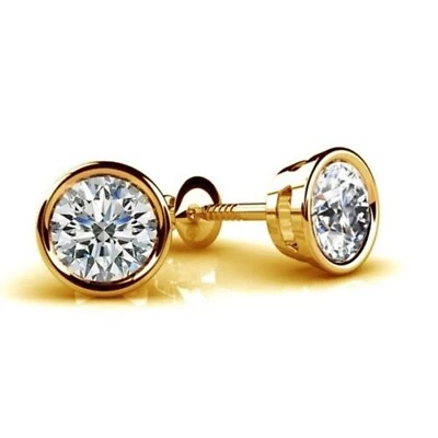 1.11Ct Certified Round Earth Mined Diamonds 14K Yellow Gold Bezel Set Look Studs - Image 1 of 4