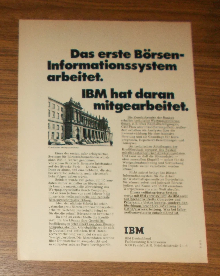 Seltene Werbung IBM - Das erste Börsen-Informationssystem arbeitet 1970 - Bild 1 von 1