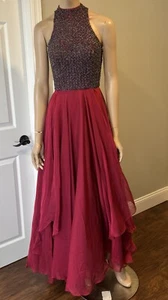 Sherri Hill Burgundy Beaded Sequin Bodice Halter Pageant Prom Cocktail Dress Sz4 - Picture 1 of 12