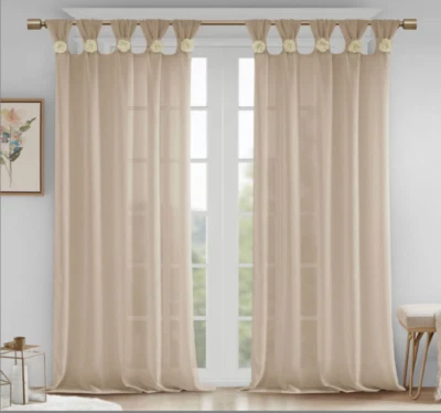 2 Madison Park Rosette Floral  84-Inch Twist Tab Window Curtain Panel in Linen - Image 1 of 4